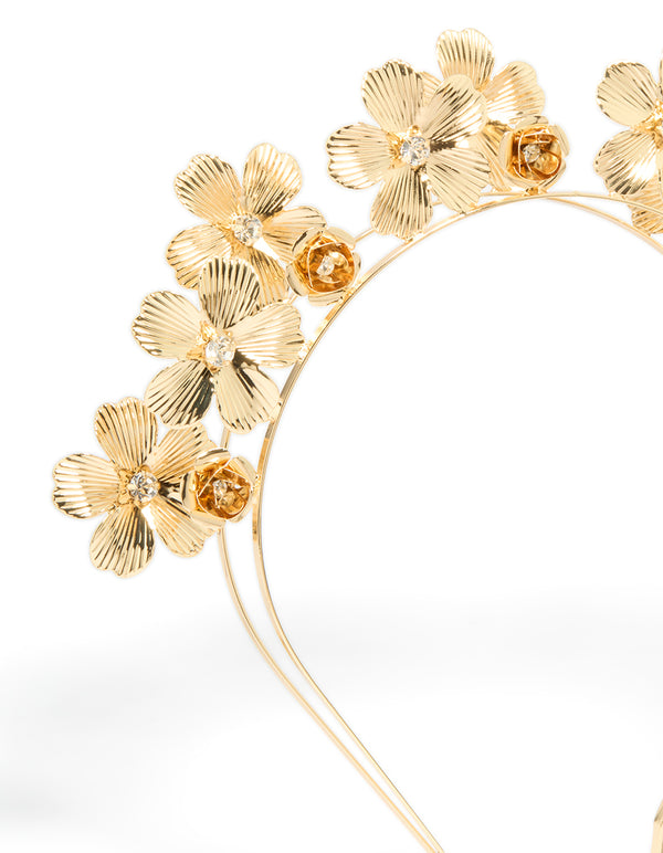 Elegant headband showcasing floral diamante accents crafted in gold and clear hues with double row styling side view