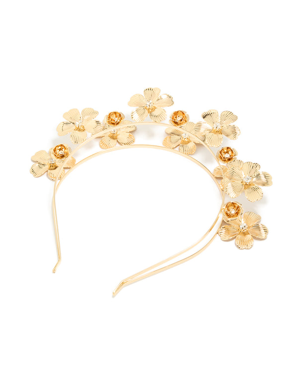 Beautiful headband designed with floral diamante detailing in gold and clear shades featuring double row arrangement detail view