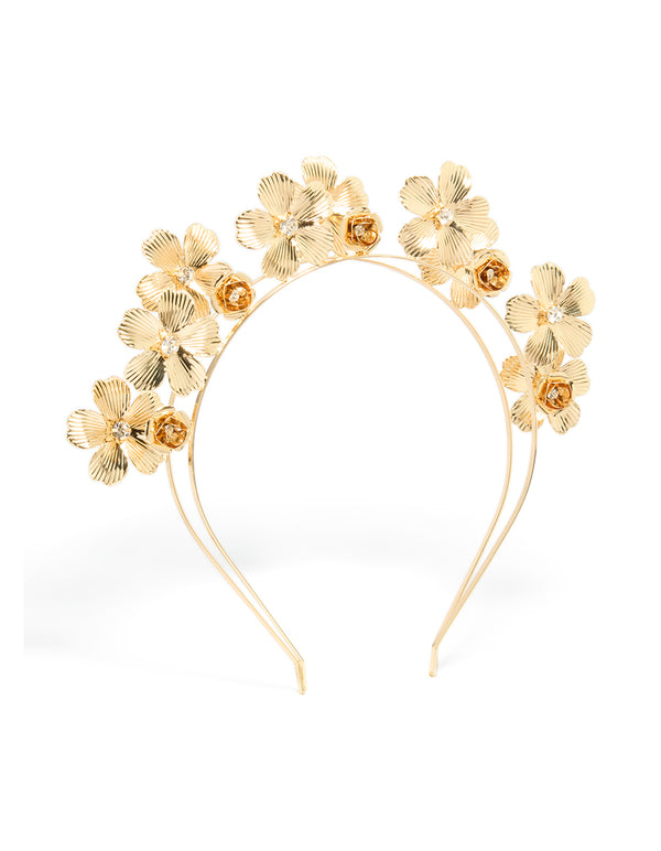 This stunning headband features floral diamante embellishments in gold and clear tones with a double row design front view