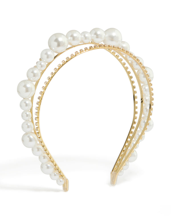 Gold Pearl Diamante Triple Row Headband