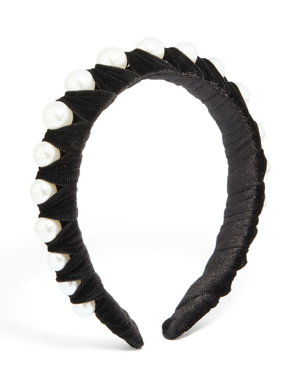Showcasing a black fabric and pearl wrap headband with solid print in white front view