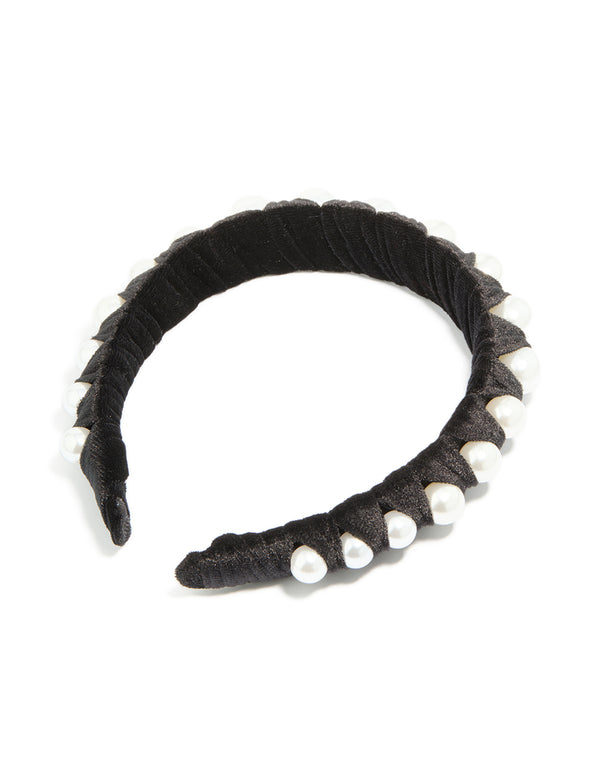 Designed with black fabric and pearl wrap headband in solid print, white detail view