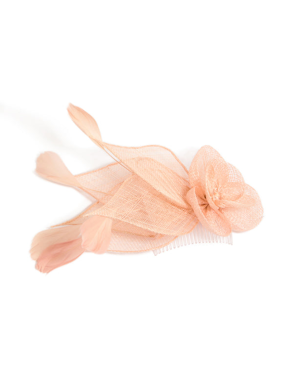 Peach Pink Flower & Feather Fascinator Comb
