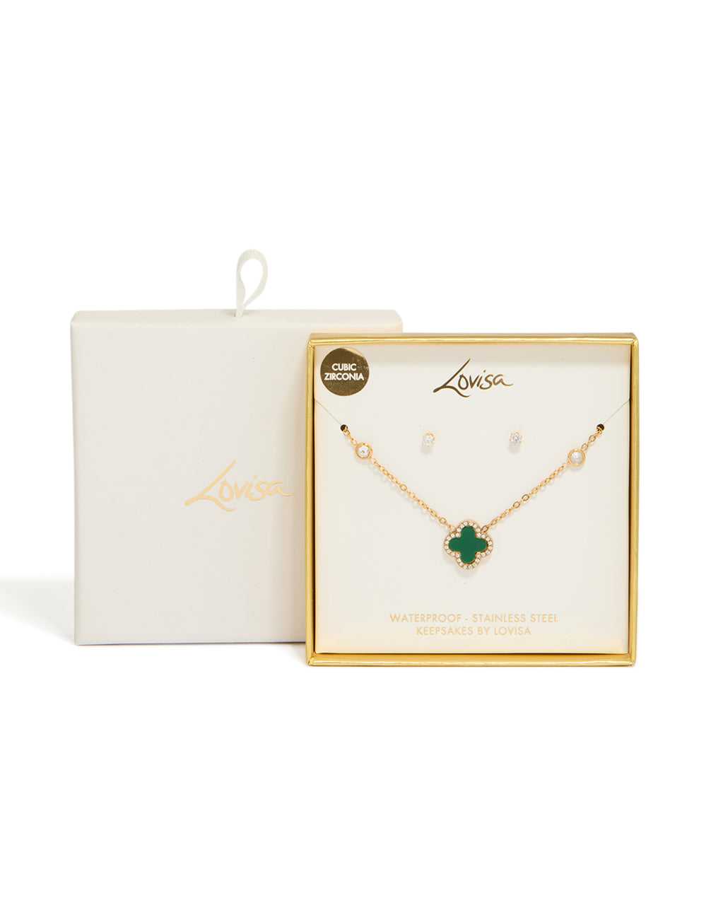 Waterproof Gold Plated Stainless Steel Green Flower Cubic Zirconia Ourline Necklace & Earrings Set