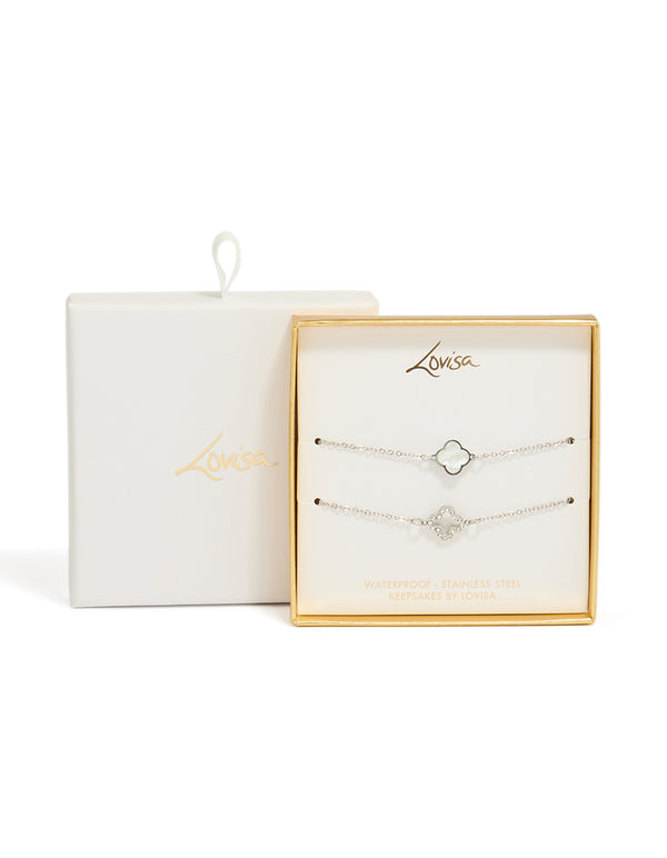 Waterproof Stainless Steel Cubic Zirconia Solitaire Flower Charm Bracelets 2-Pack