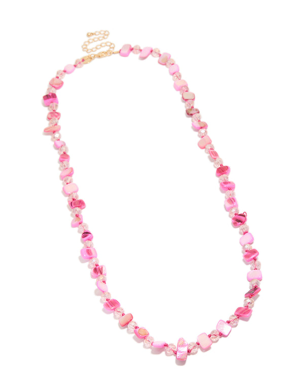 Showcasing hot pink genuine shell beaded statement necklace front view