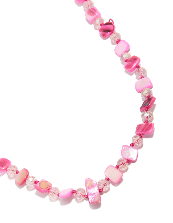 This hot pink genuine shell beaded statement necklace close up view