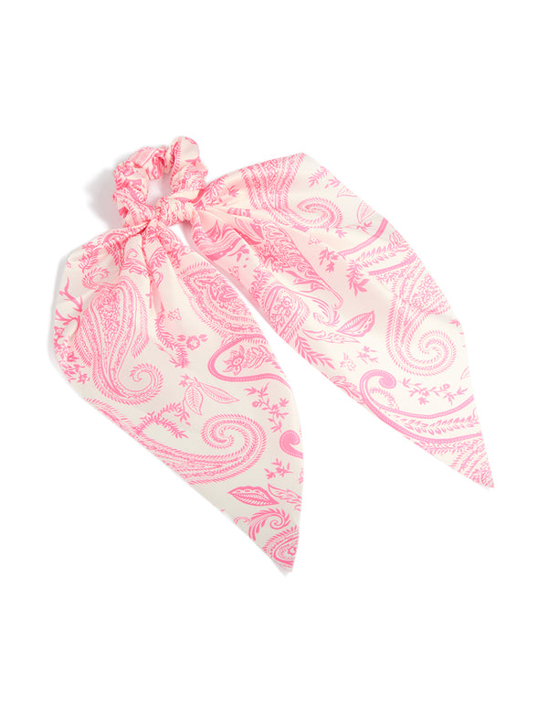 Beautifully designed pink boho pattern fabric scarf scrunchie with paisley print in hot pink and misty rose tones front view