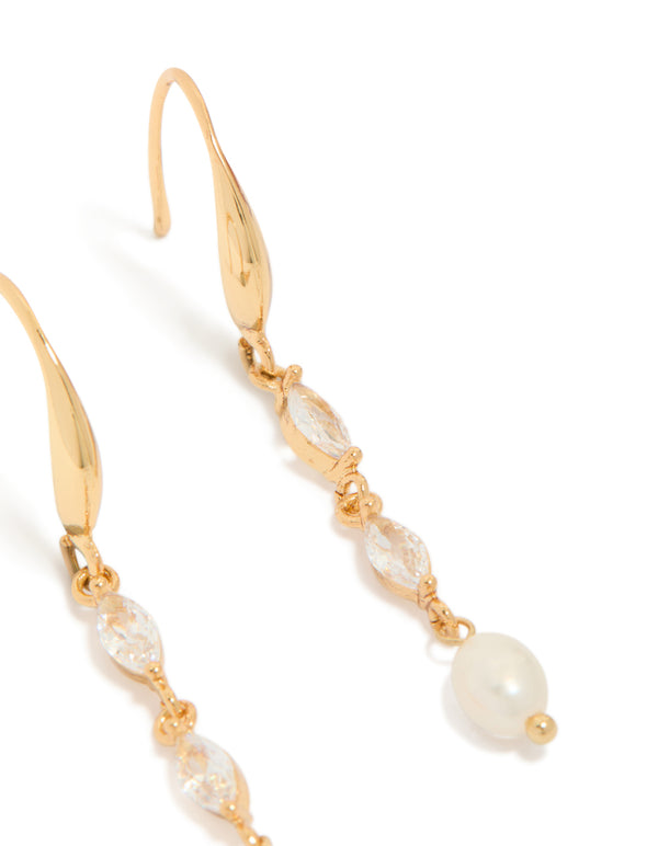 Gold plated hook drop earrings featuring cubic zirconia and freshwater pearl accents post detail view