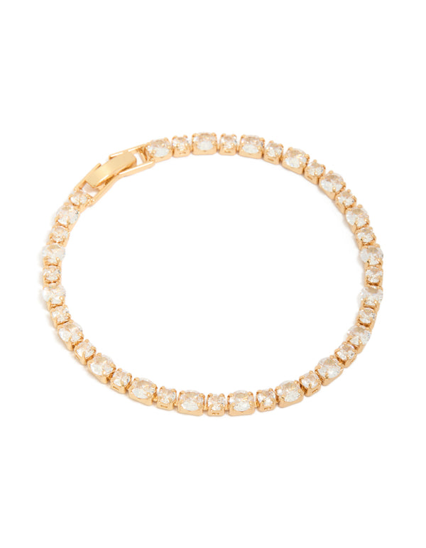 Showcasing a gold plated large square cut cubic zirconia tennis bracelet front view
