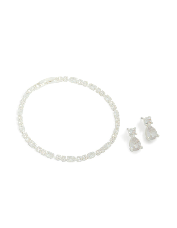 Silver Plated Cubic Zirconia Tennis Bracelet & Drop Earrings Set