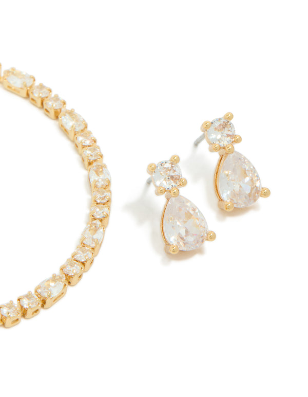 Gold Plated Cubic Zirconia Tennis Bracelet & Drop Earrings Set