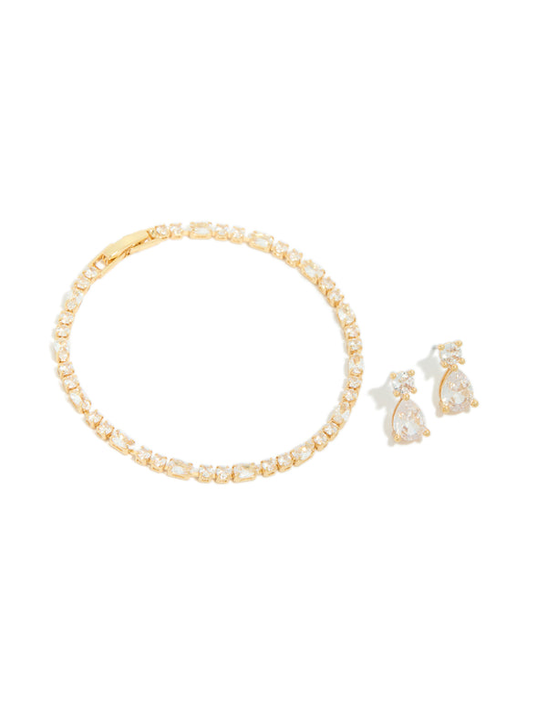 Gold Plated Cubic Zirconia Tennis Bracelet & Drop Earrings Set