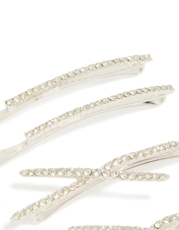 Elegant glitter silver plated pavé diamante hair slides in a 6 pack detail view