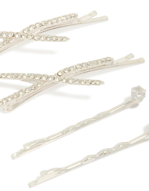 Elegant glitter silver plated pavé diamante hair slides in a 6 pack detail view