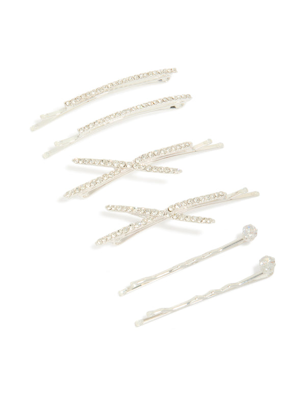 Discover glitter silver plated pavé diamante hair slides in a 6 pack front view
