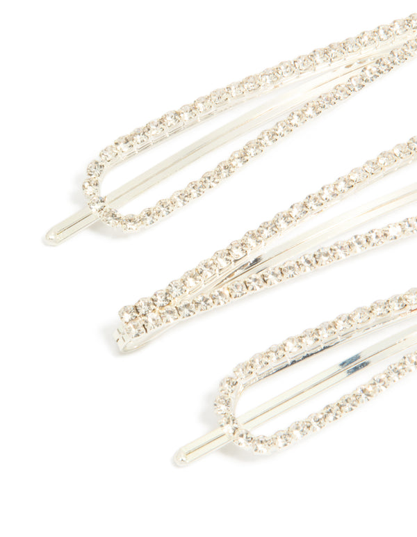 Featuring glitter solid 3-pack silver diamante teardrop hair clips in accessories detail view