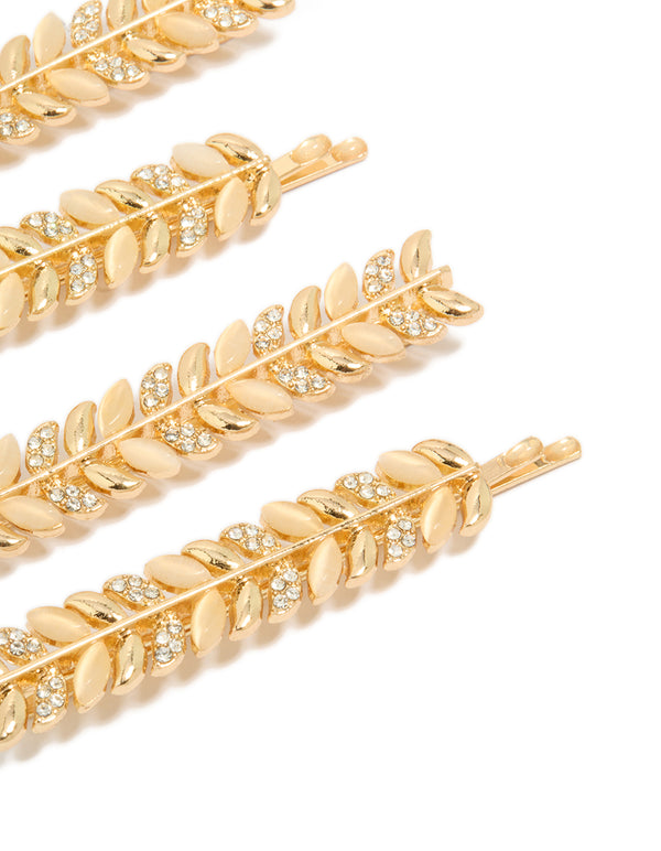 Crafted from gold with diamante vine clips in a 4-pack showcasing leaf details and dainty statement style detail view