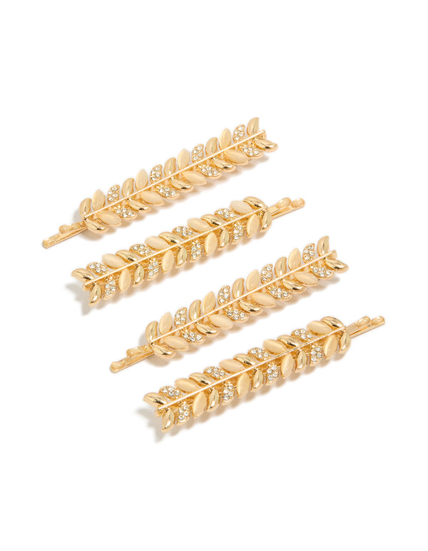 Discover gold diamante vine clips in a 4-pack featuring leaf details with dainty styling front view
