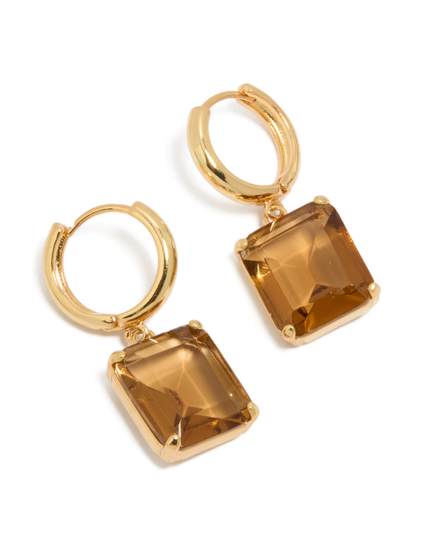 Beautifully crafted gold plated large square cognac cubic zirconia drop earrings with statement style front view