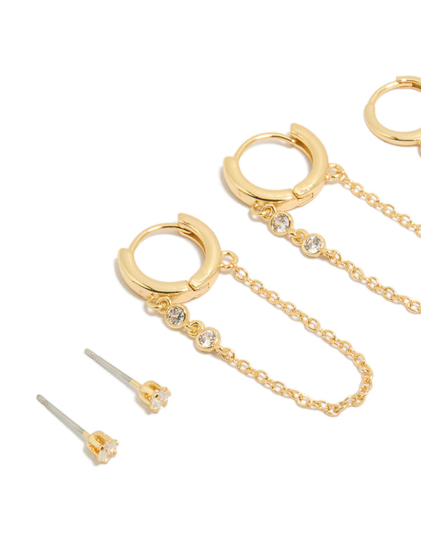 Beautifully crafted gold plated cubic zirconia chain and bezel hoop earrings 4-pack crystal elements and hoop closures close up view