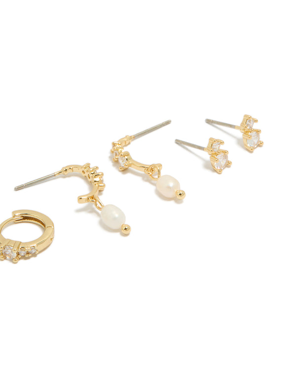 Gold Plated Cubic Zirconia & Freshwater Pearl Drop Hoop Earrings 4-Pack