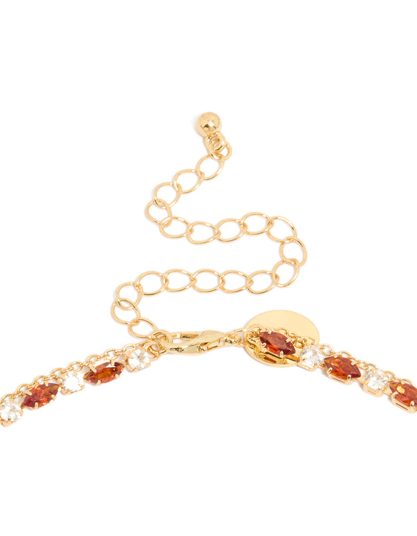 Gold Plated Red Cubic Zirconia Tennis & Teardrop Charms Layer Necklace