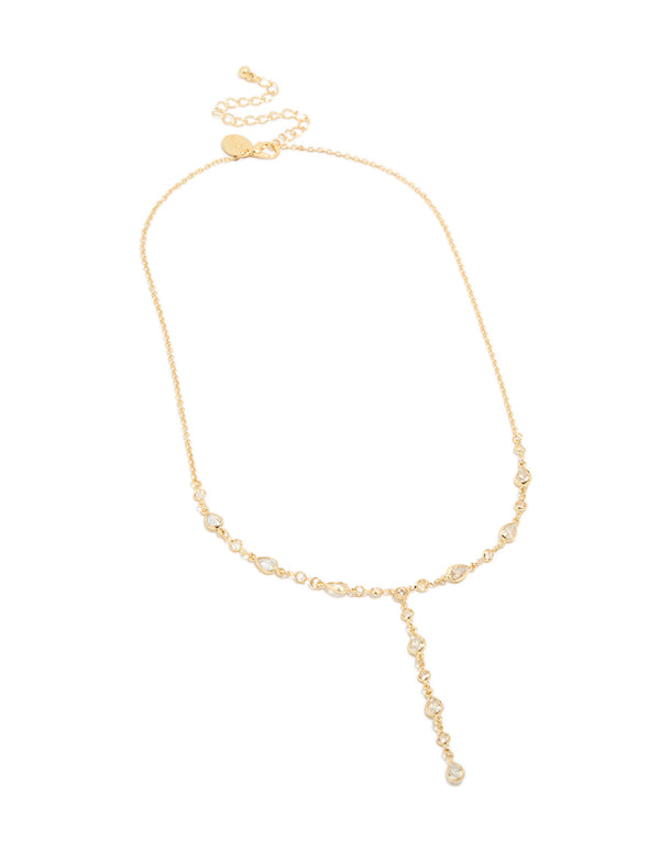 Featuring a gold plated cubic zirconia alternating Y-necklace in statement style front view