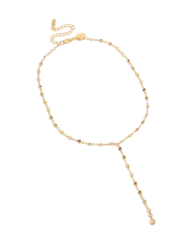 Beautifully crafted gold plated multicoloured cubic zirconia circle detailed Y-necklace with dainty style front view