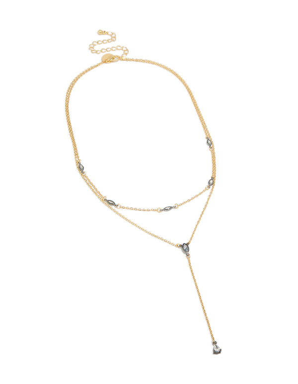 Featuring a mixed metal teardrop diamante drop Y-necklace with plated finish in statement design front view