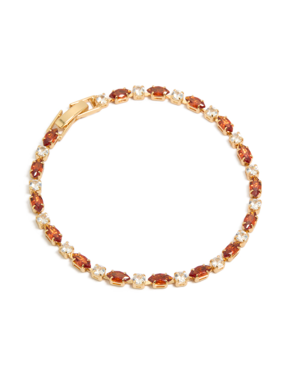 Showcasing a gold plated clear and cognac cubic zirconia multi cut tennis bracelet front view