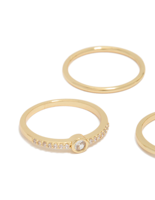 Featuring gold plated cubic zirconia wavy bezel set rings 4-pack close up view