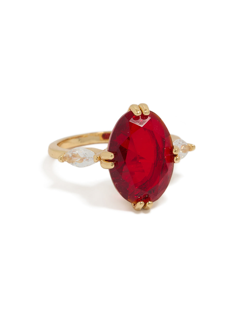 Stunning gold plated cubic zirconia large red oval statement ring with crystal accents and clear stone details front view