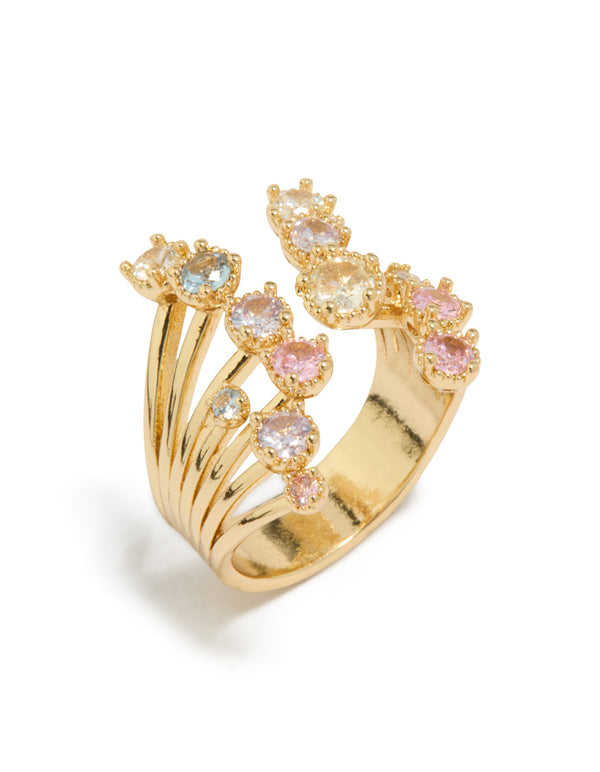 Featuring a gold plated open ring with pink and blue cubic zirconia side detail view