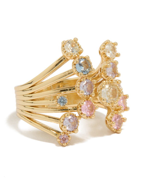 Showcasing a gold plated open ring with pink and blue cubic zirconia front view