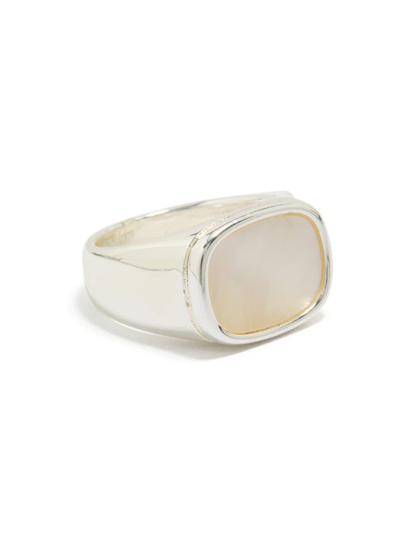 Showcasing a waterproof stainless steel square shell signet ring in silver with shell featuring and clear tones, crafted as a statement piece front view