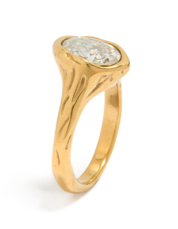 Showcasing waterproof gold plated stainless steel oval cubic zirconia molten ring with crystal in statement style side detail view