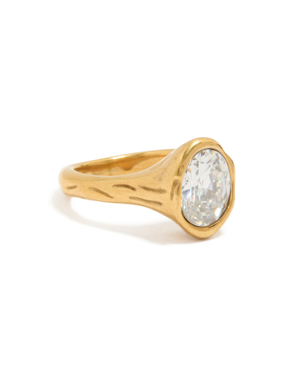 Featuring waterproof gold plated stainless steel oval cubic zirconia molten ring with crystal in statement style front view