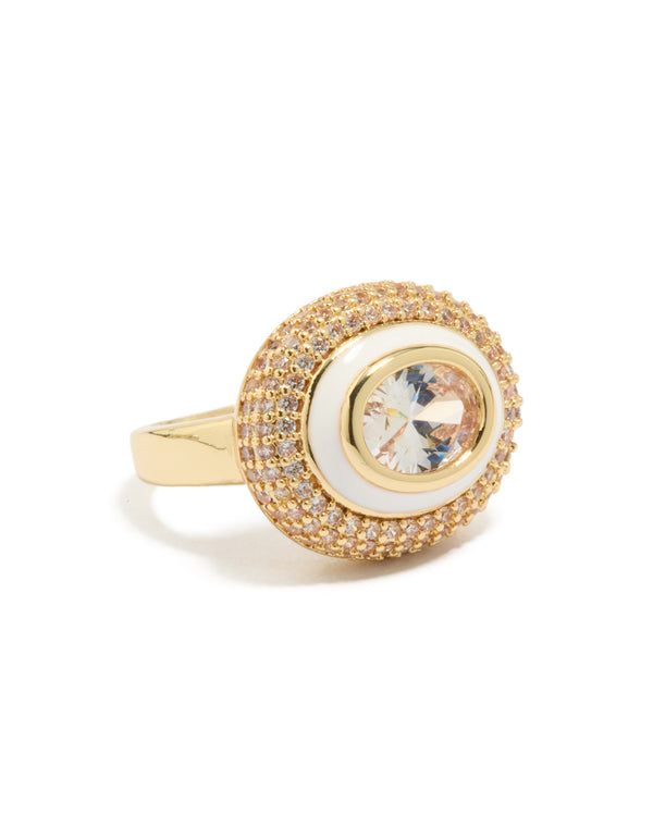 Luxurious gold plated pave cubic zirconia white enamel statement ring front view