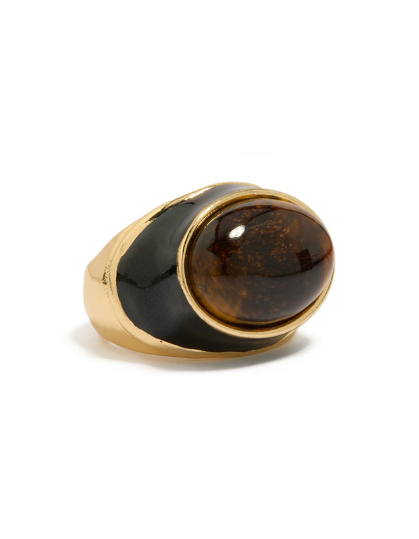 Showcasing a gold plated brown stone and black enamel ring in a statement style side detail view