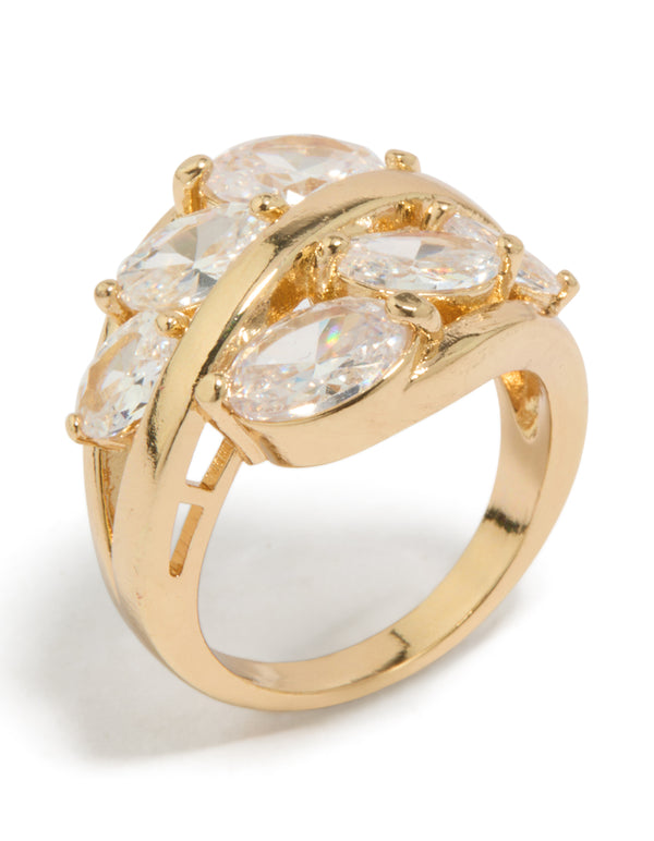 Featuring a gold plated ring with oval cubic zirconia clusters in a statement layered design side detail view