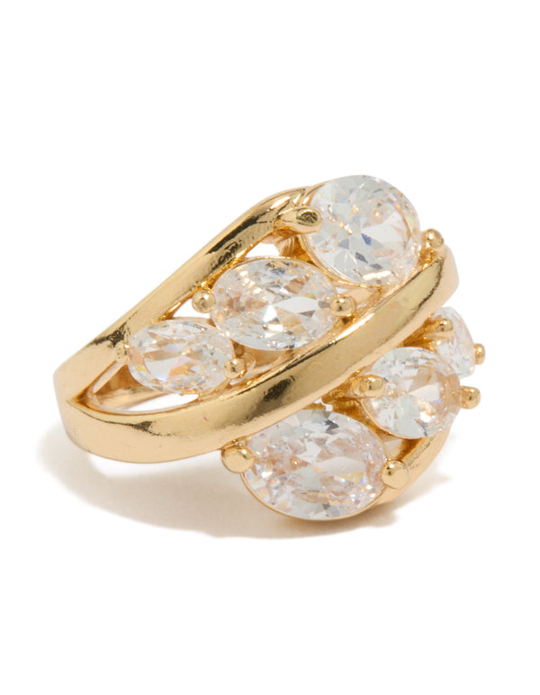 Showcasing a gold plated ring with oval cubic zirconia clusters in a statement layered design front view