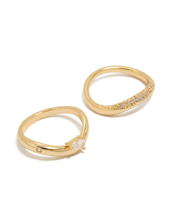 Featuring gold plated cubic zirconia pave stacking rings in a 2-pack with pear cut crystal stones and dainty design front view