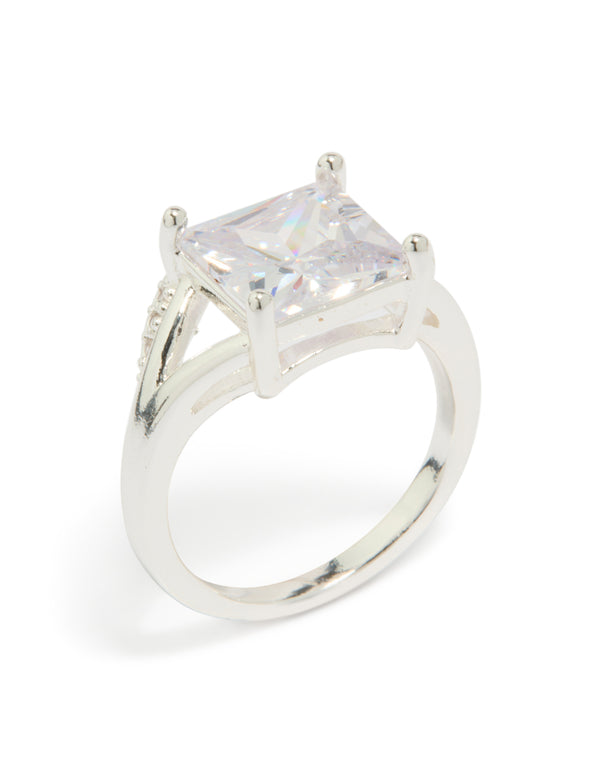 Featuring a silver square pavé set cubic zirconia ring with statement style front view