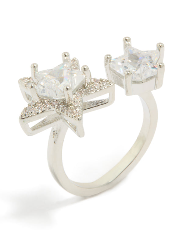 Designed with a silver cubic zirconia statement celestial stars ring with clear stones side detail view
