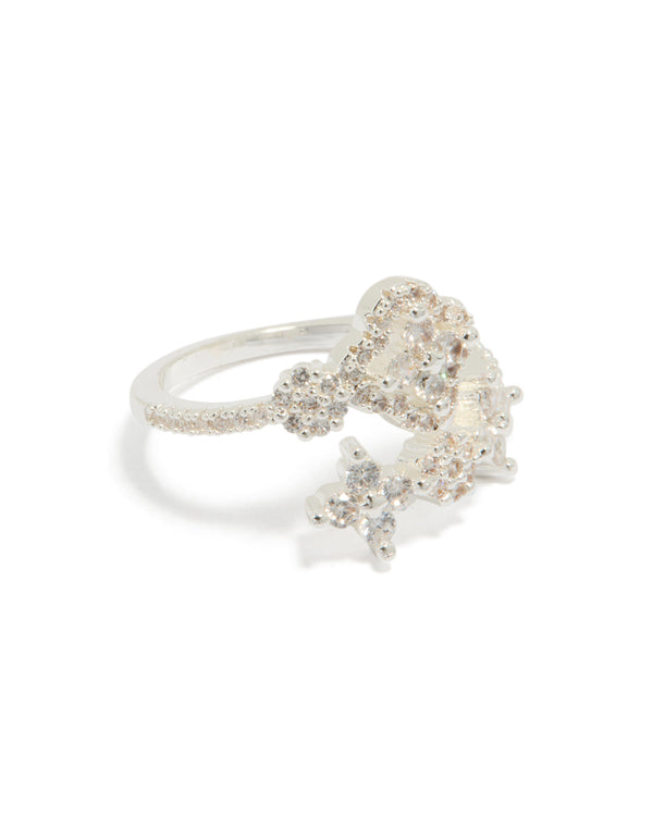 Silver Plated Dainty Cubic Zirconia Floral Wrap Ring