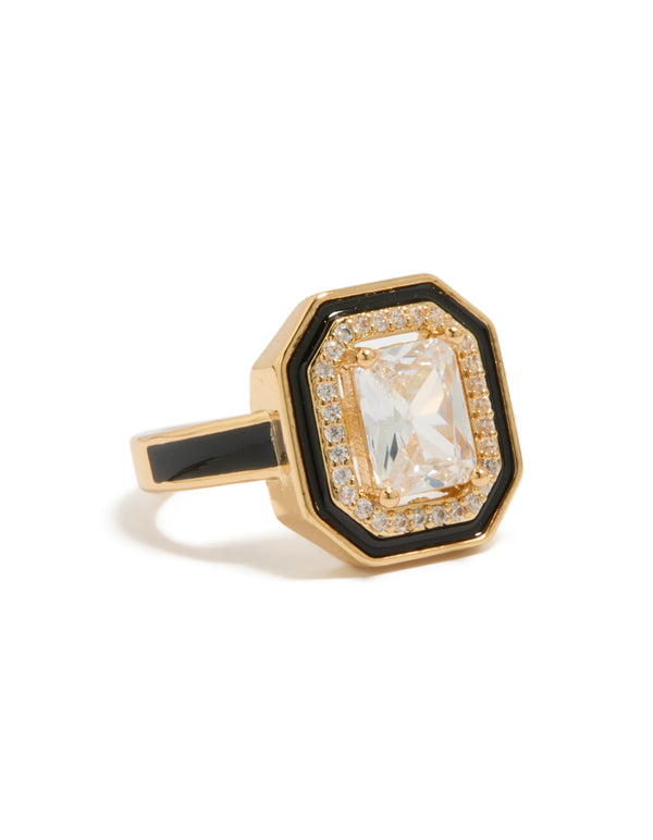 Gold Plated Black Enamel Outline Cushion Cut Cubic Zirconia Ring