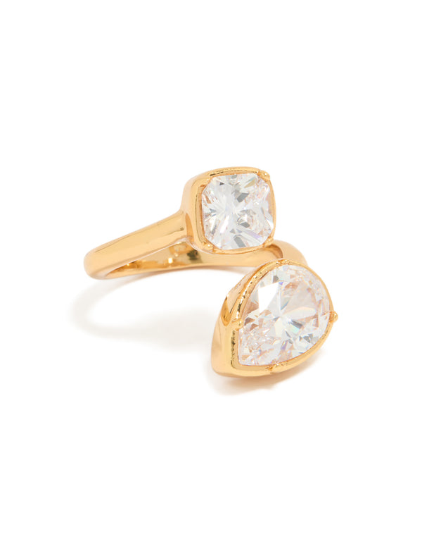 Showcasing a waterproof gold plated stainless steel double cubic zirconia wrap ring front view