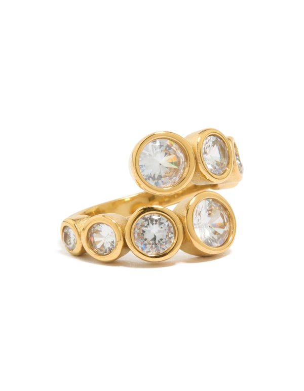 Showcasing a waterproof gold stainless steel cubic zirconia bezel wrap ring front view