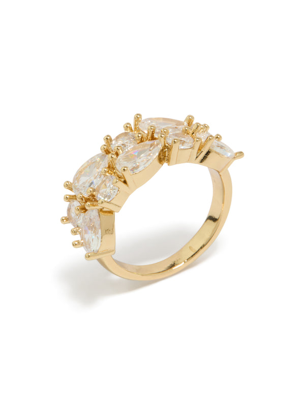 Highlighting a gold plated pear cubic zirconia band ring with statement design side detail view